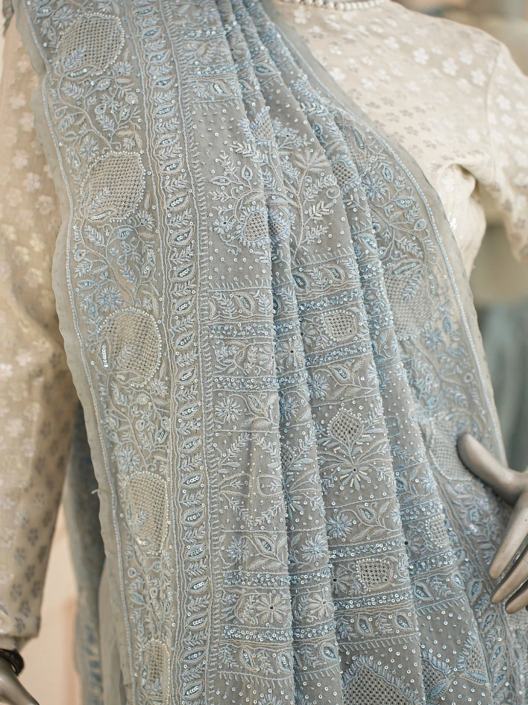 Ada Hand Embroidered Grey Pure Georgette Lucknowi Chikankari Saree and Blouse With Sequinned Work 01A865585