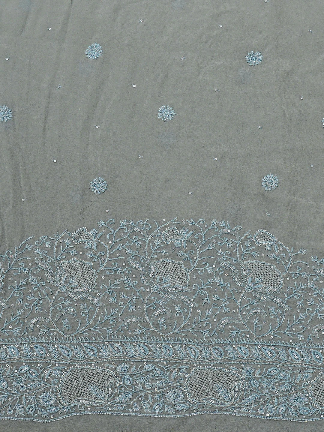 Ada Hand Embroidered Grey Pure Georgette Lucknowi Chikankari Saree and Blouse With Sequinned Work 01A865585