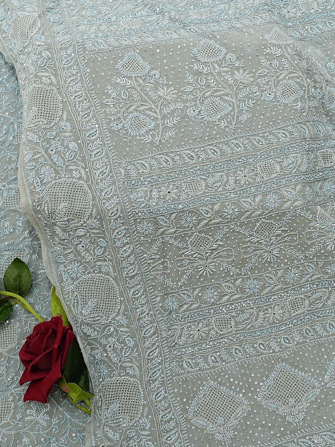 Ada Hand Embroidered Grey Pure Georgette Lucknowi Chikankari Saree and Blouse With Sequinned Work 01A865585