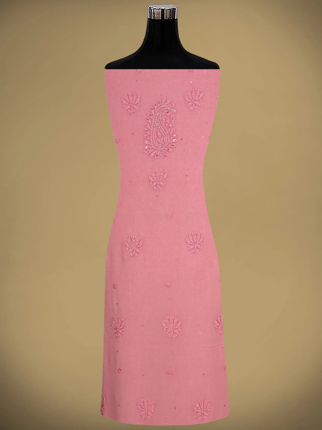 Ada Hand Embroidered Coral Pink Viscose Georgette Lucknowi Chikankari Unstitched Kurta Dupatta Set With Cutdana Work 01A724414