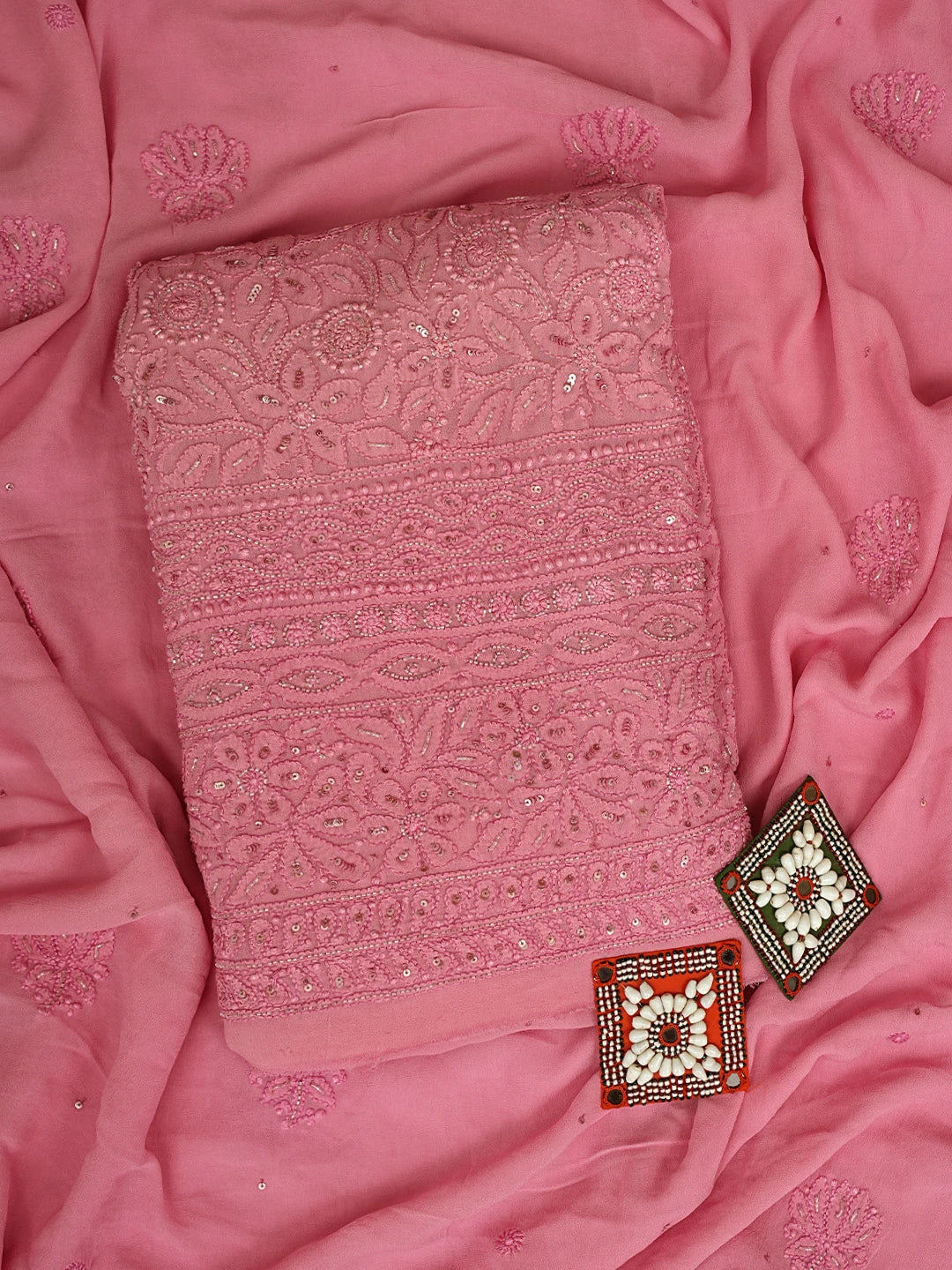 Ada Hand Embroidered Coral Pink Viscose Georgette Lucknowi Chikankari Unstitched Kurta Dupatta Set With Cutdana Work 01A724414