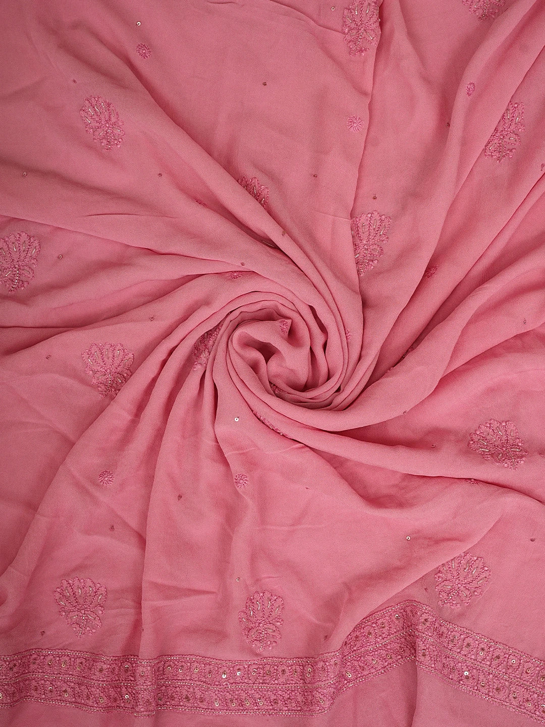 Ada Hand Embroidered Coral Pink Viscose Georgette Lucknowi Chikankari Unstitched Kurta Dupatta Set With Cutdana Work 01A724414