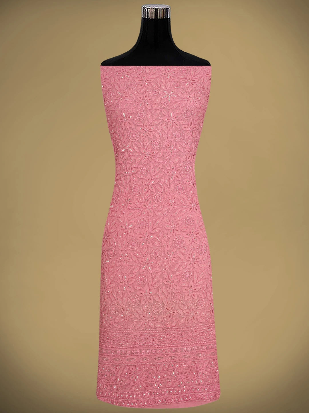 Ada Hand Embroidered Coral Pink Viscose Georgette Lucknowi Chikankari Unstitched Kurta Dupatta Set With Cutdana Work 01A724414