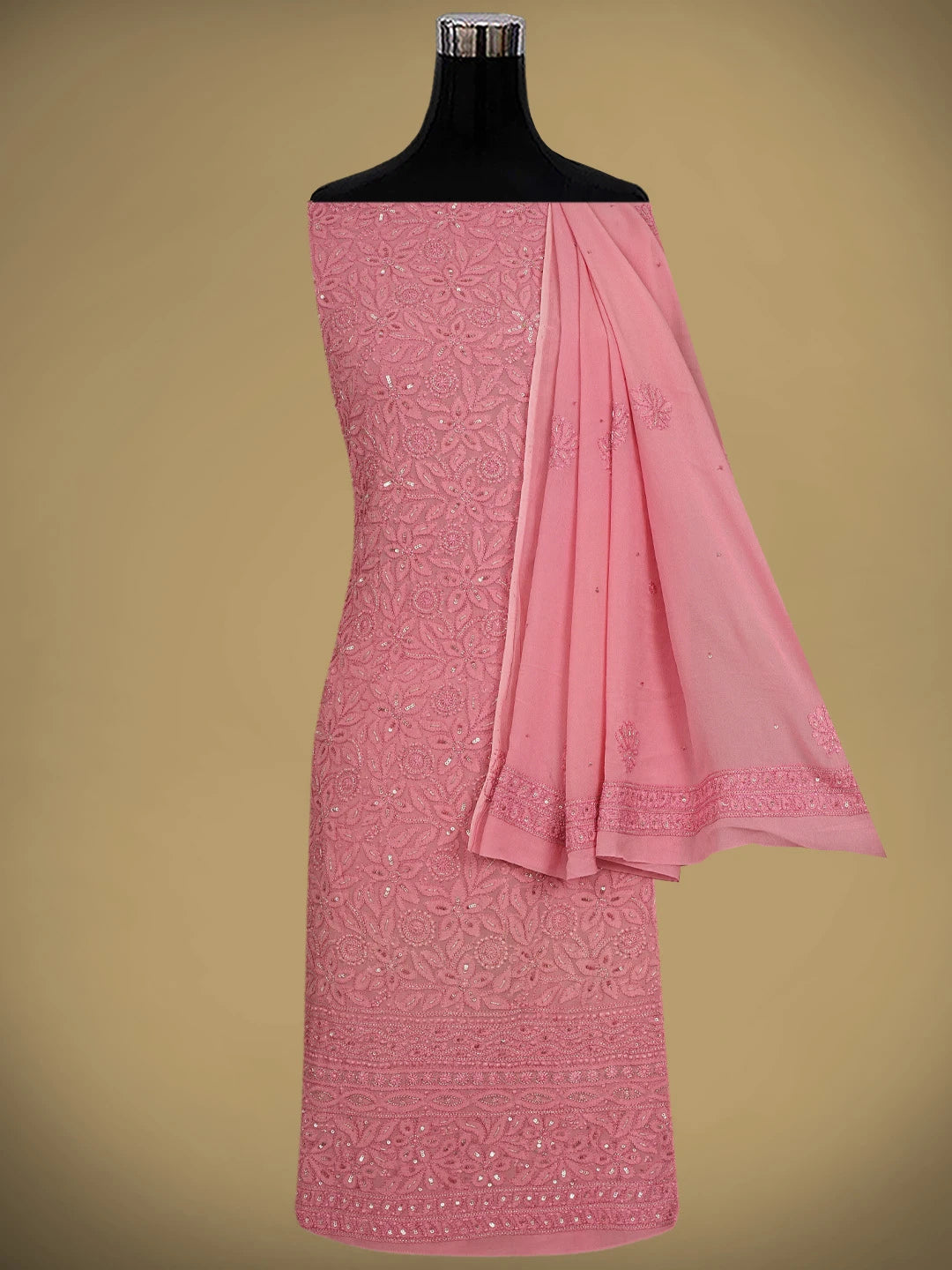 Ada Hand Embroidered Coral Pink Viscose Georgette Lucknowi Chikankari Unstitched Kurta Dupatta Set With Cutdana Work 01A724414