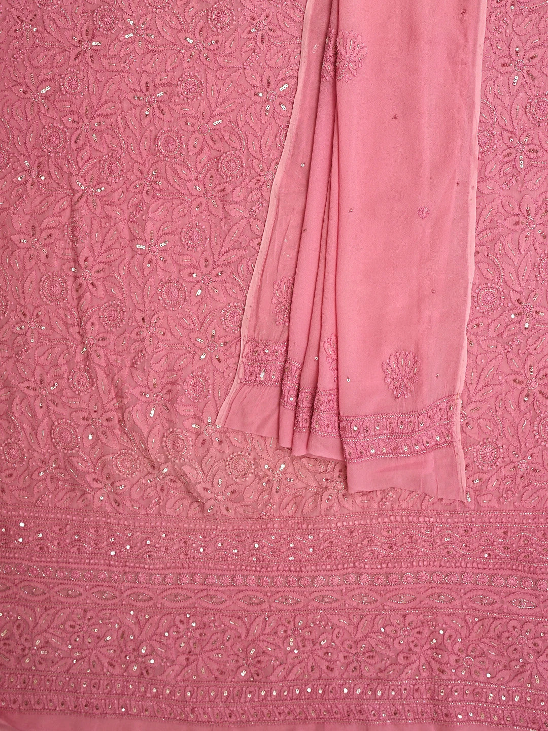Ada Hand Embroidered Coral Pink Viscose Georgette Lucknowi Chikankari Unstitched Kurta Dupatta Set With Cutdana Work 01A724414