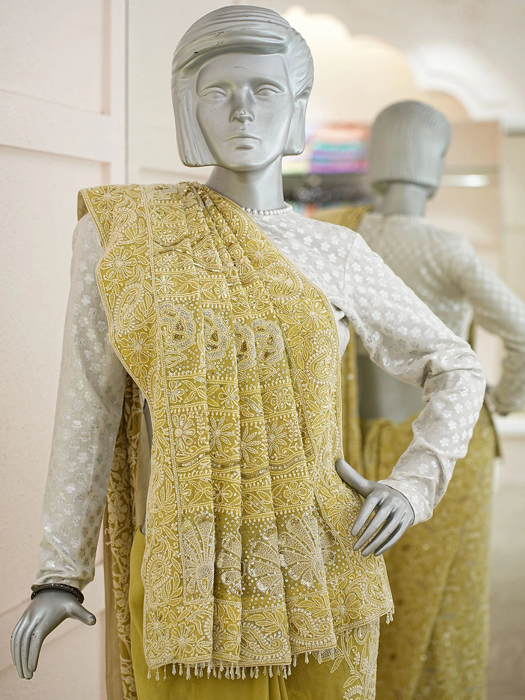 Ada Hand Embroidered Green Yellow Pure Georgette Lucknowi Chikankari Saree and Blouse With Cutdana Work 01A598627