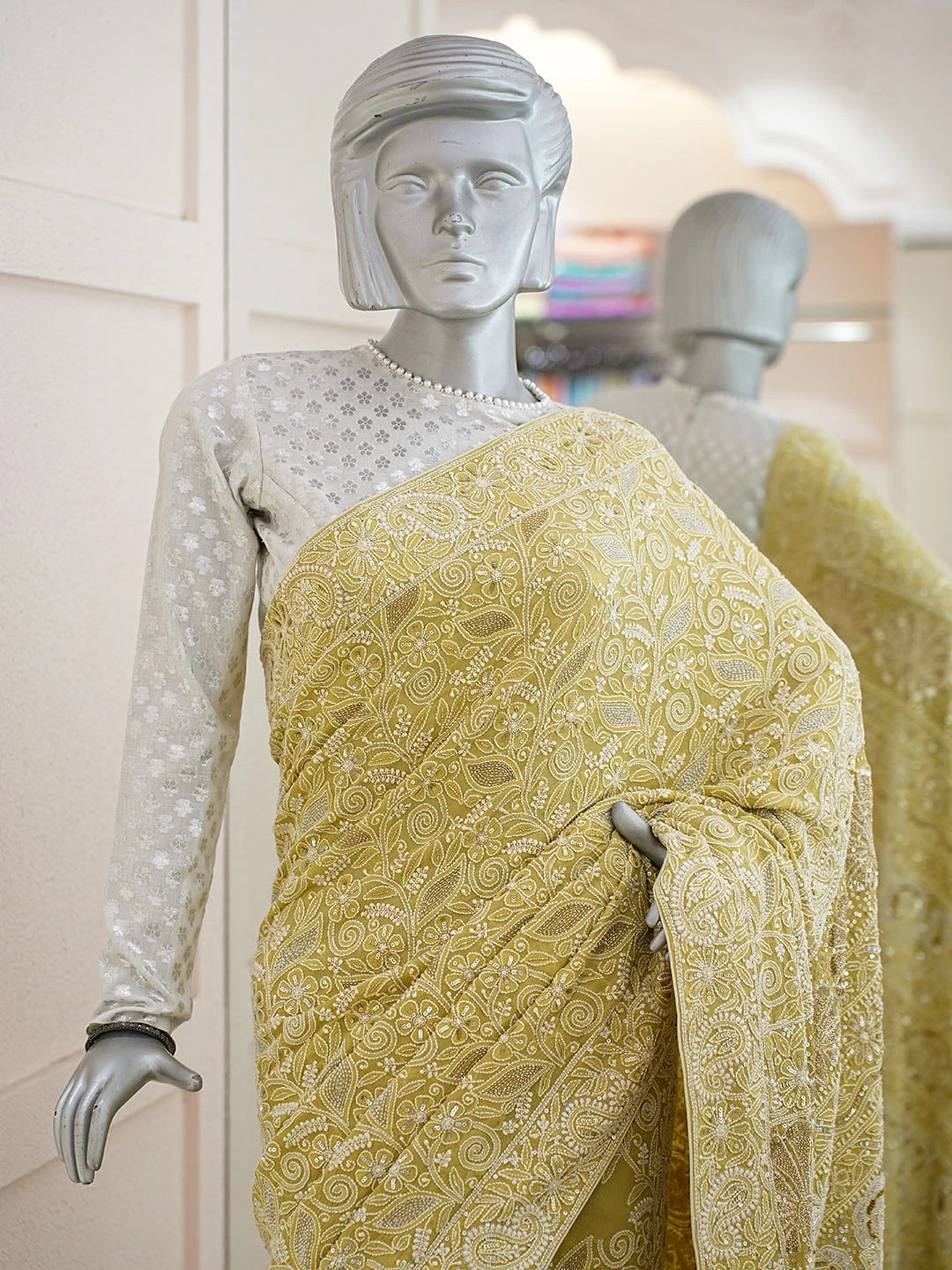 Ada Hand Embroidered Green Yellow Pure Georgette Lucknowi Chikankari Saree and Blouse With Cutdana Work 01A598627