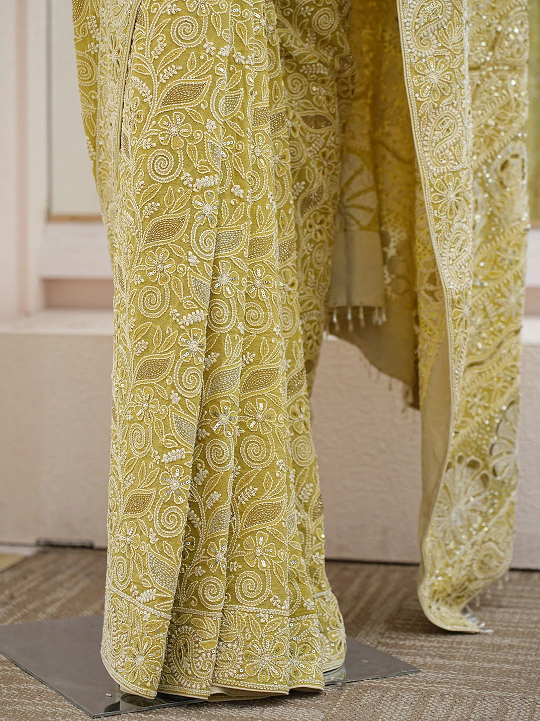 Ada Hand Embroidered Green Yellow Pure Georgette Lucknowi Chikankari Saree and Blouse With Cutdana Work 01A598627