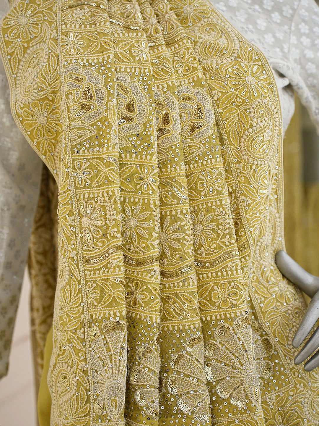 Ada Hand Embroidered Green Yellow Pure Georgette Lucknowi Chikankari Saree and Blouse With Cutdana Work 01A598627
