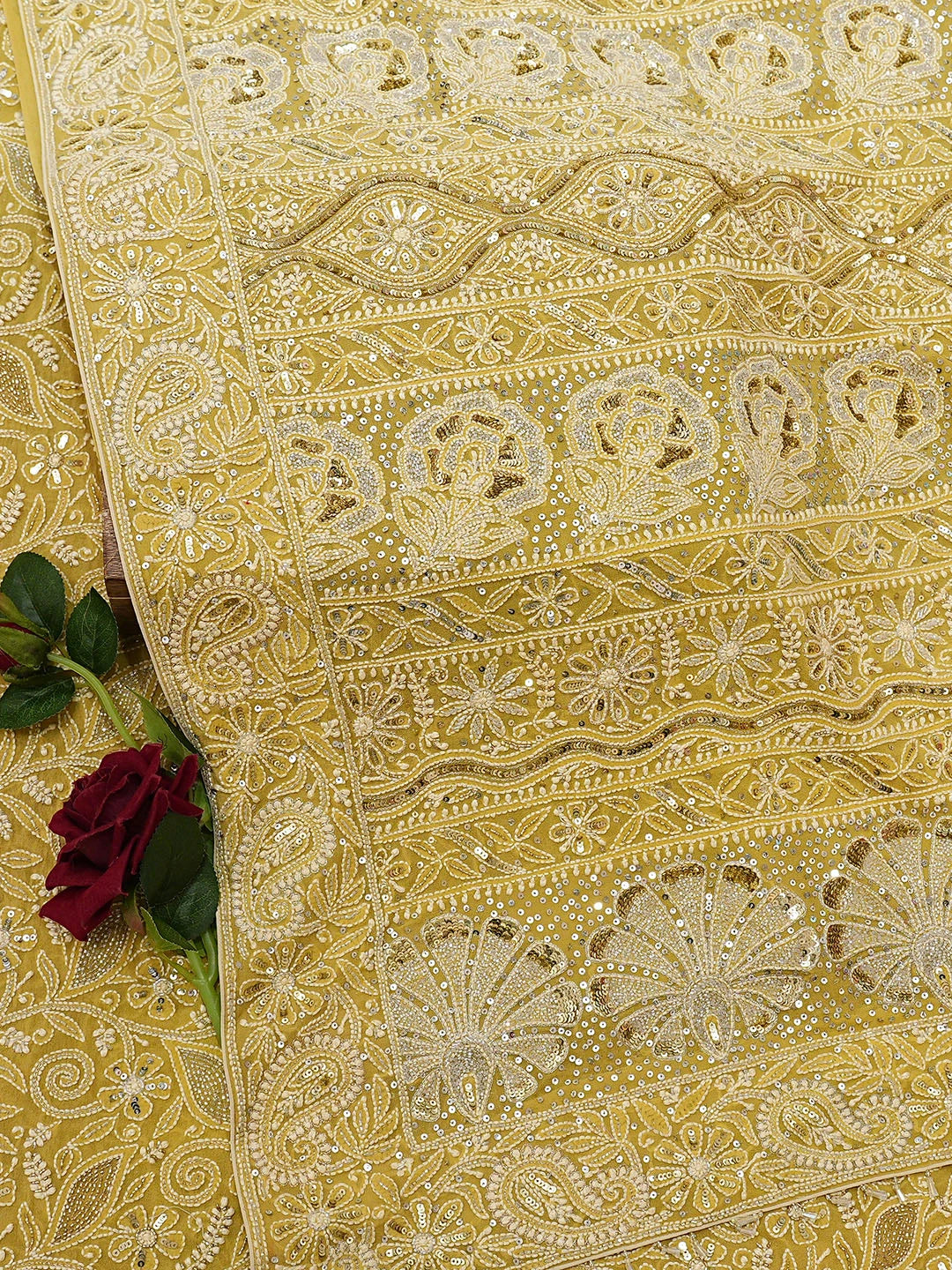 Ada Hand Embroidered Green Yellow Pure Georgette Lucknowi Chikankari Saree and Blouse With Cutdana Work 01A598627