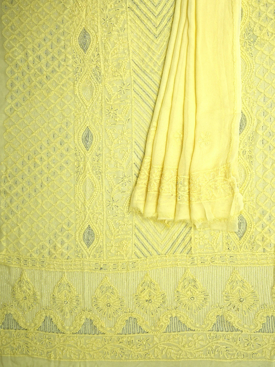 Ada Hand Embroidered Lemon Viscose Georgette Lucknowi Chikankari Unstitched Kurta Dupatta Set With Cutdana Work A619756