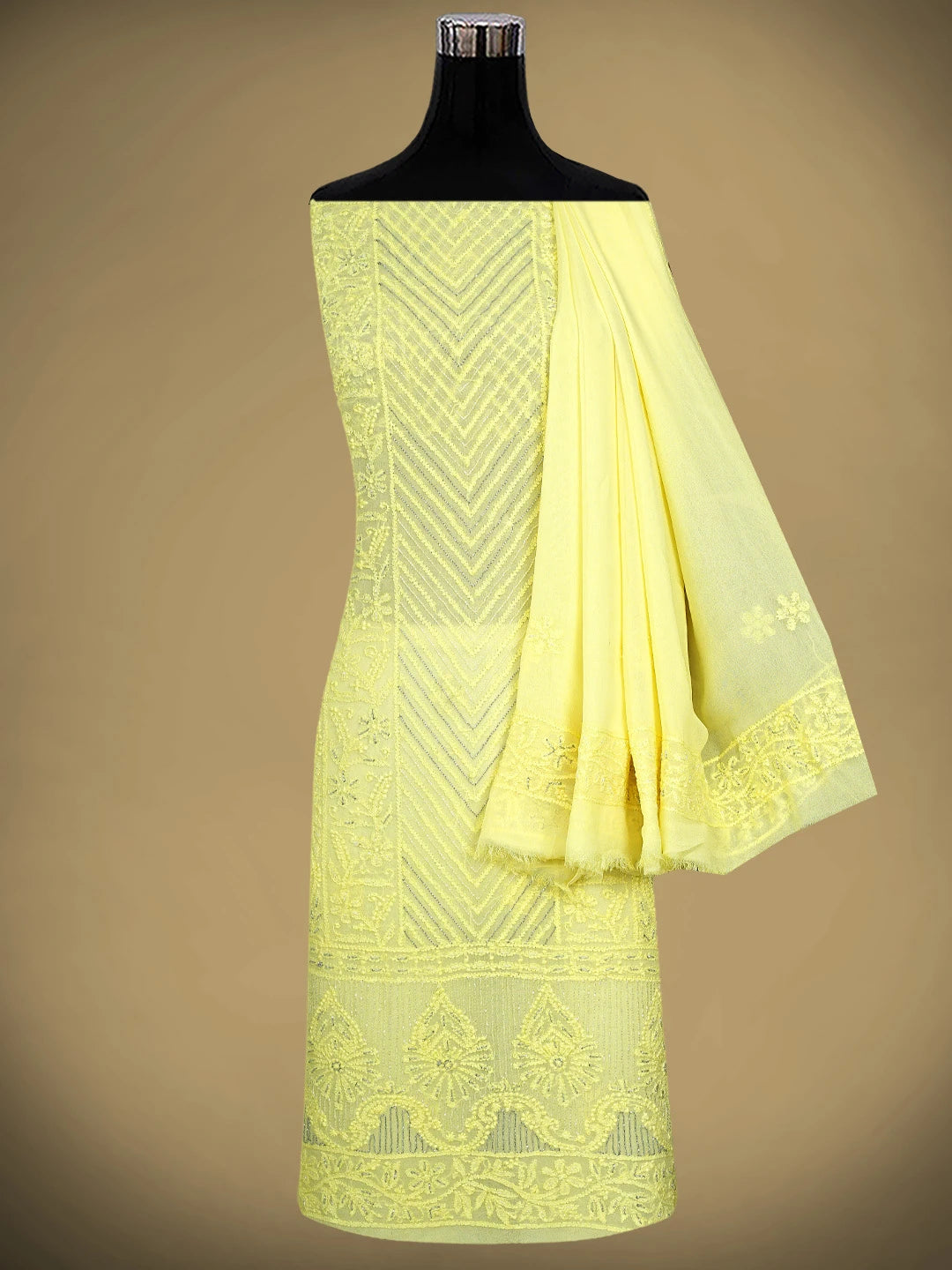 Ada Hand Embroidered Lemon Viscose Georgette Lucknowi Chikankari Unstitched Kurta Dupatta Set With Cutdana Work A619756