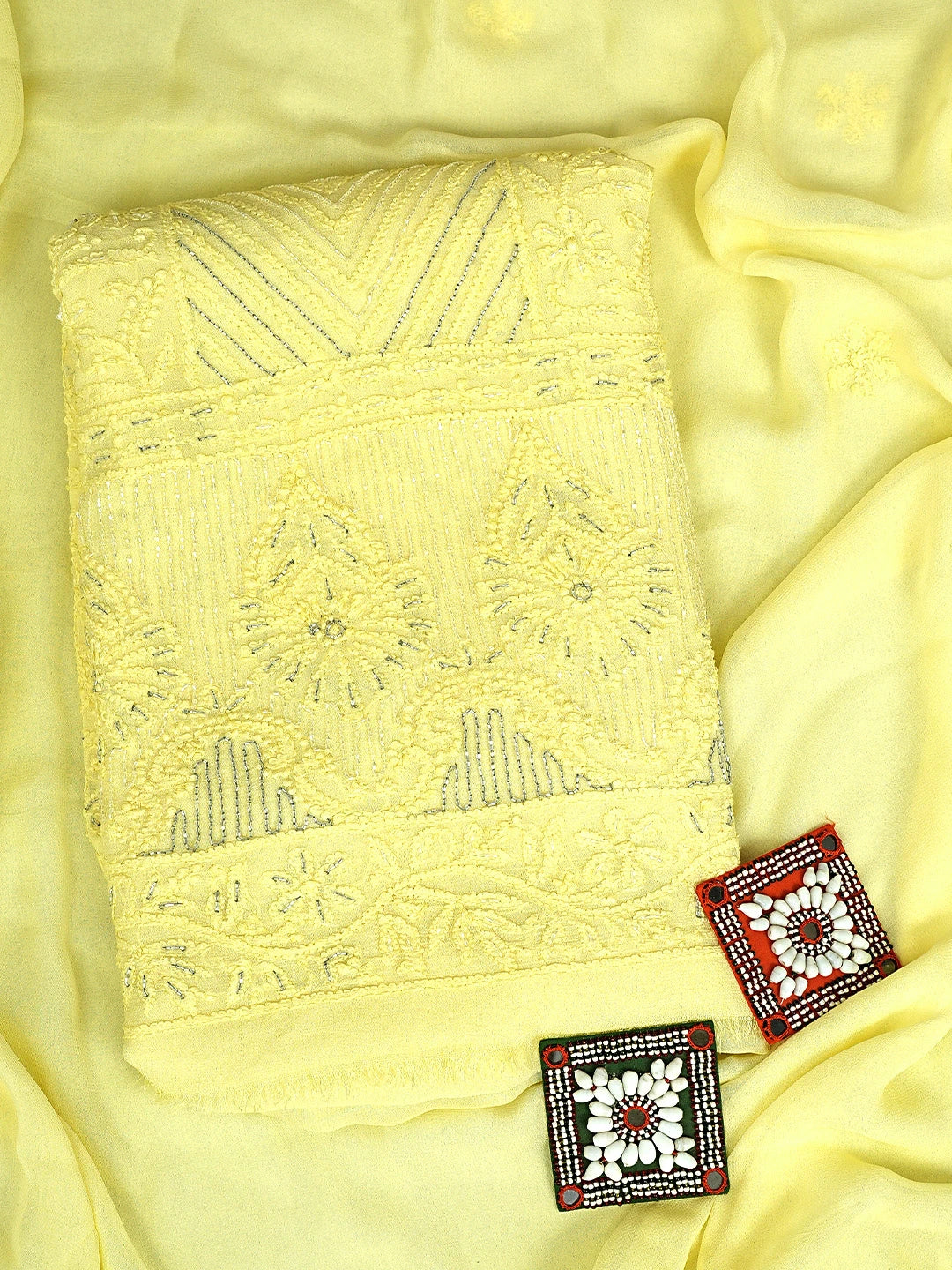 Ada Hand Embroidered Lemon Viscose Georgette Lucknowi Chikankari Unstitched Kurta Dupatta Set With Cutdana Work A619756