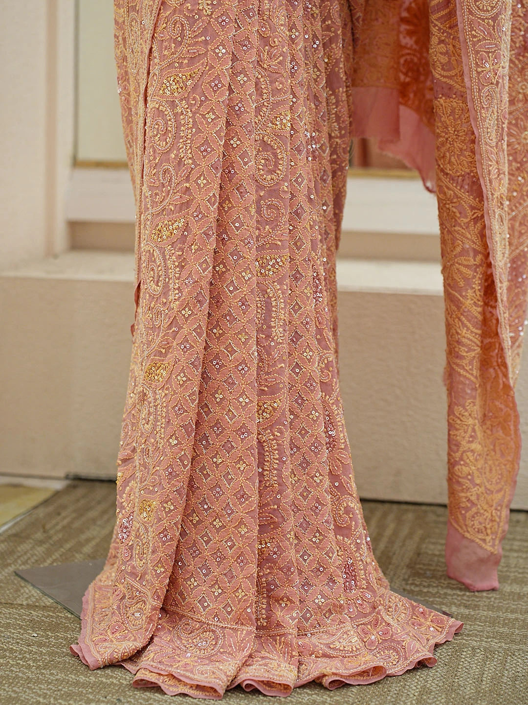 Ada Hand Embroidered Dusty Peach Pure Georgette Lucknowi Chikankari Saree and Blouse With Cutdana Work 01A781701