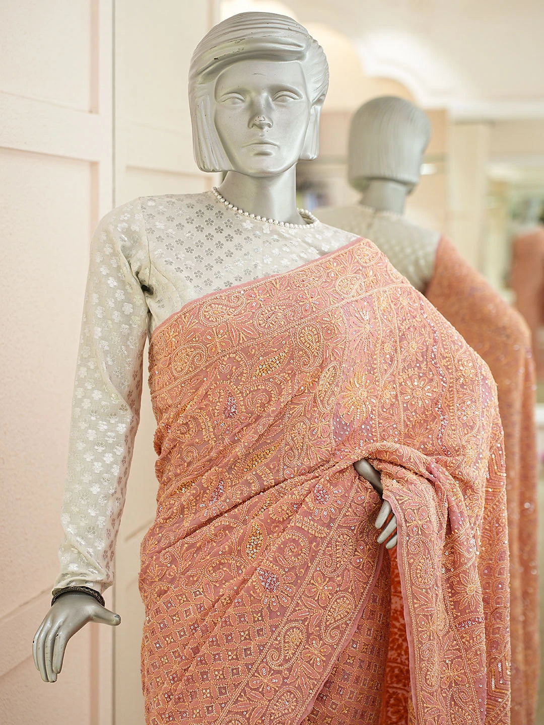 Ada Hand Embroidered Dusty Peach Pure Georgette Lucknowi Chikankari Saree and Blouse With Cutdana Work 01A781701