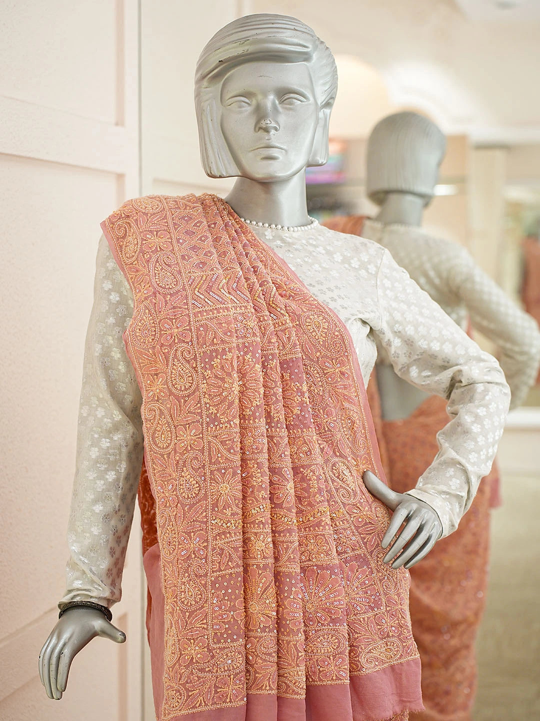 Ada Hand Embroidered Dusty Peach Pure Georgette Lucknowi Chikankari Saree and Blouse With Cutdana Work 01A781701