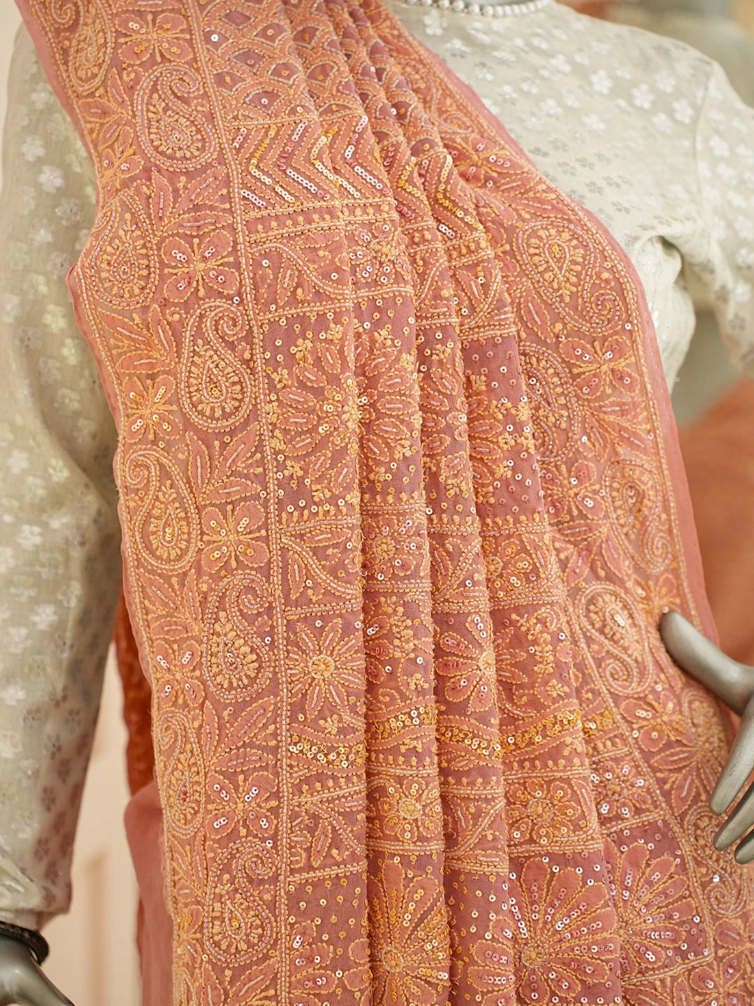 Ada Hand Embroidered Dusty Peach Pure Georgette Lucknowi Chikankari Saree and Blouse With Cutdana Work 01A781701