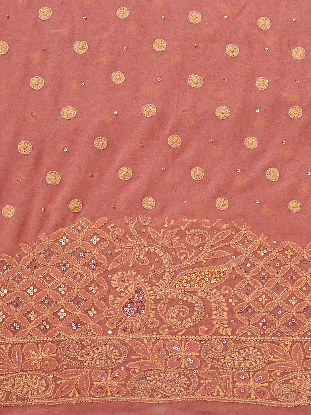 Ada Hand Embroidered Dusty Peach Pure Georgette Lucknowi Chikankari Saree and Blouse With Cutdana Work 01A781701