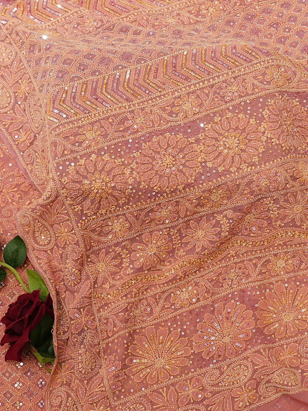 Ada Hand Embroidered Dusty Peach Pure Georgette Lucknowi Chikankari Saree and Blouse With Cutdana Work 01A781701