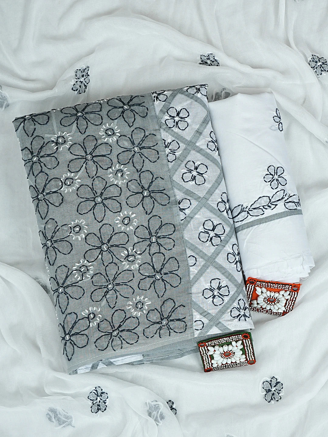 Ada Hand Embroidered Grey Cotton Lucknowi Chikankari Unstitched Suit Piece 01A883226