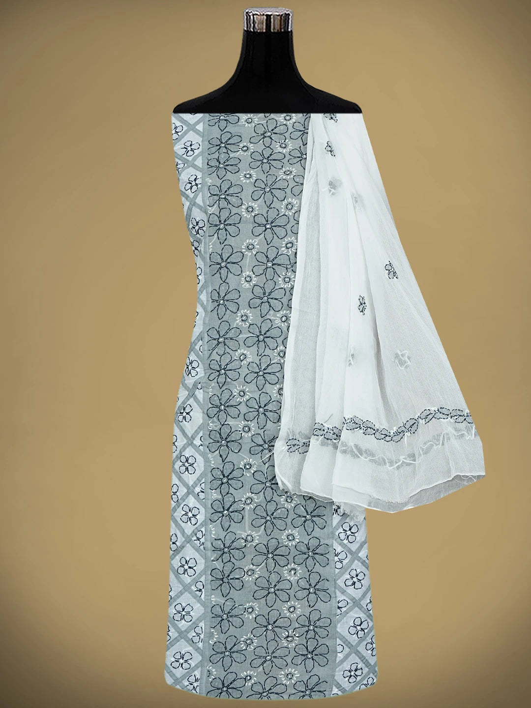 Ada Hand Embroidered Grey Cotton Lucknowi Chikankari Unstitched Suit Piece 01A883226