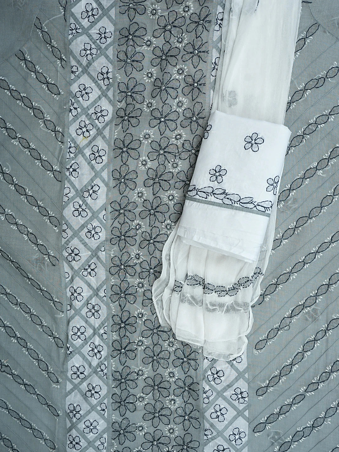 Ada Hand Embroidered Grey Cotton Lucknowi Chikankari Unstitched Suit Piece 01A883226