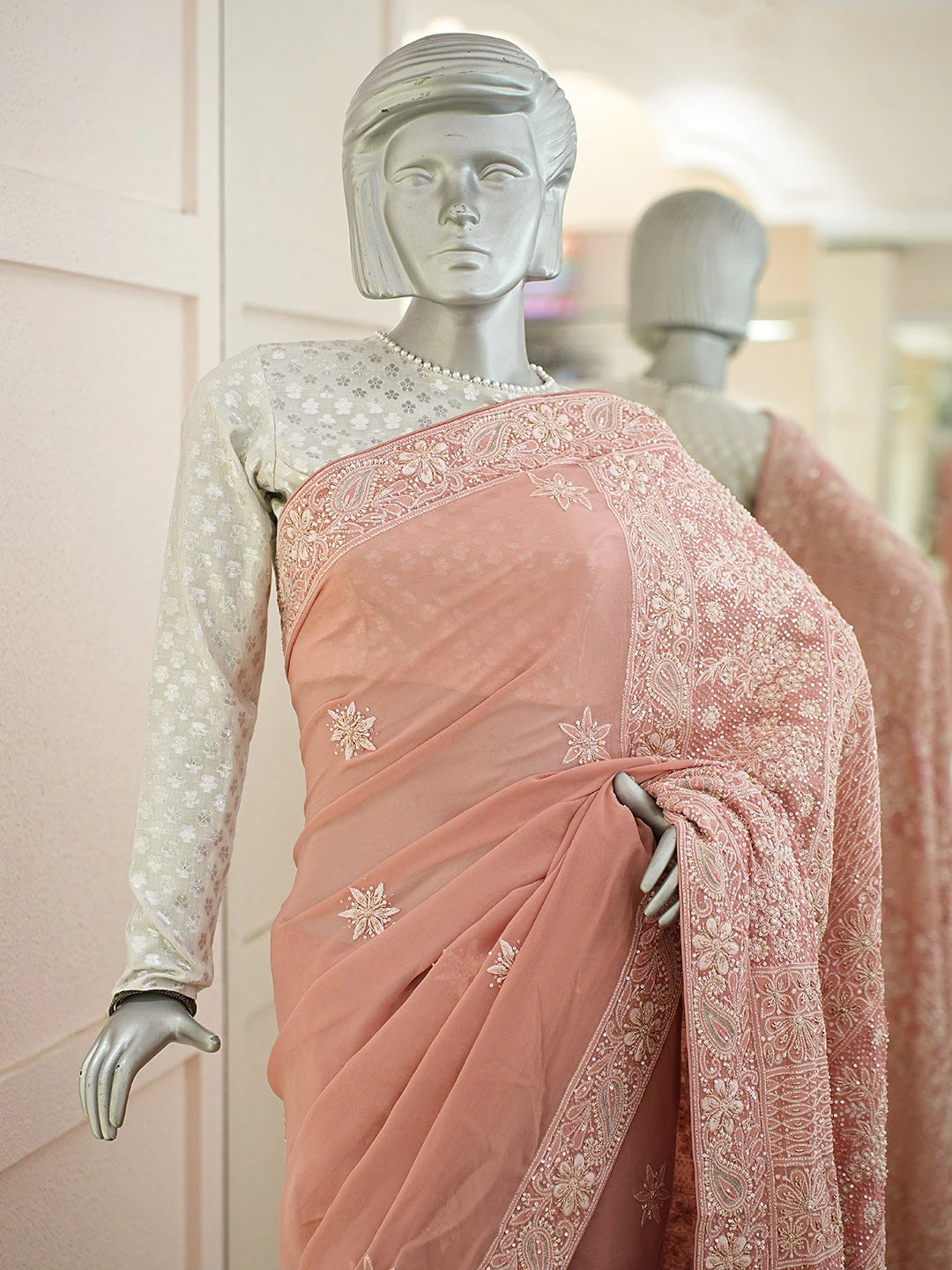 Ada Hand Embroidered Dusty Pink Pure Georgette Lucknowi Chikankari Saree and Blouse With Cutdana Work 01A449533
