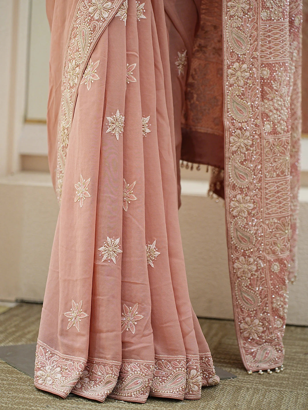 Ada Hand Embroidered Dusty Pink Pure Georgette Lucknowi Chikankari Saree and Blouse With Cutdana Work 01A449533