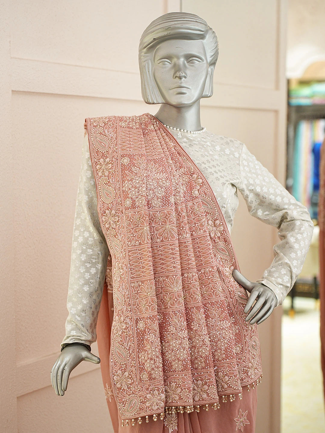 Ada Hand Embroidered Dusty Pink Pure Georgette Lucknowi Chikankari Saree and Blouse With Cutdana Work 01A449533