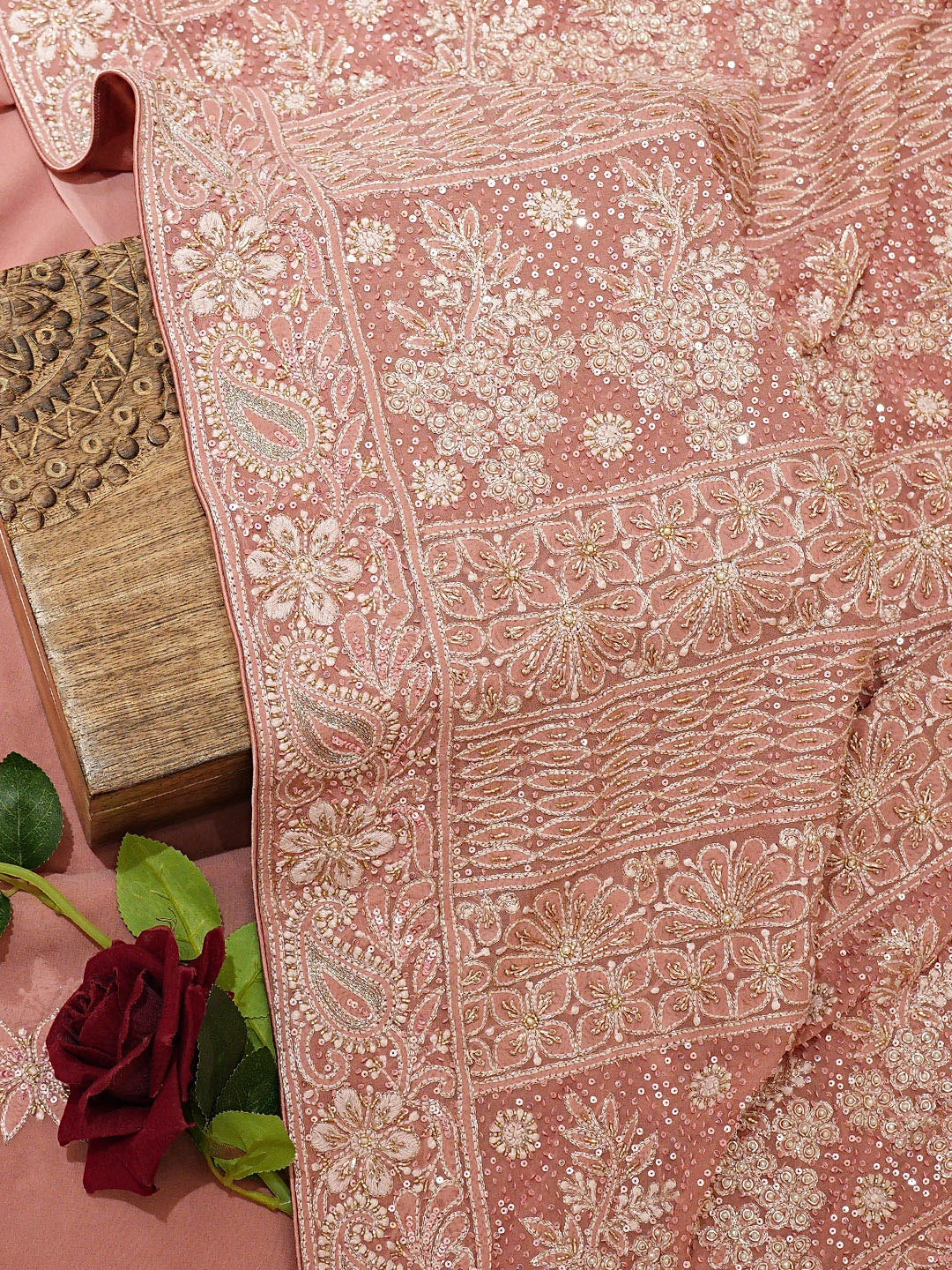 Ada Hand Embroidered Dusty Pink Pure Georgette Lucknowi Chikankari Saree and Blouse With Cutdana Work 01A449533