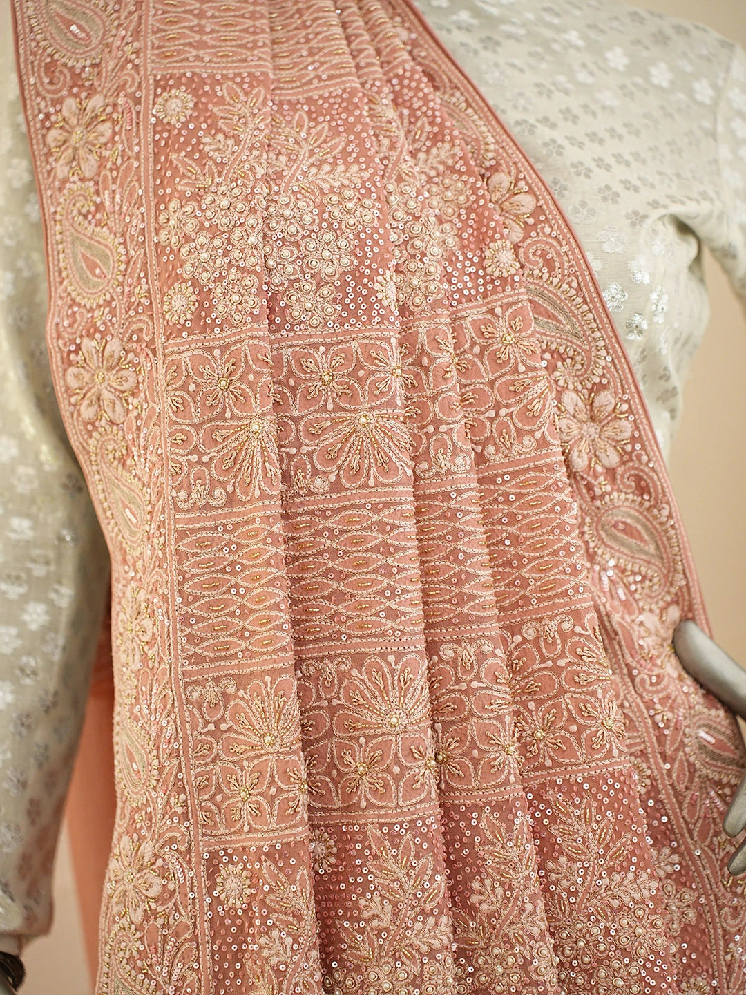 Ada Hand Embroidered Dusty Pink Pure Georgette Lucknowi Chikankari Saree and Blouse With Cutdana Work 01A449533