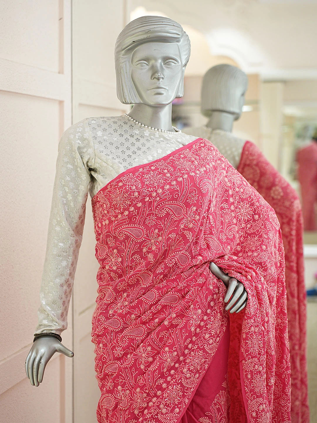Ada Hand Embroidered Pink Pure Georgette Lucknowi Chikankari Saree and Blouse With Muqaish/Mukaish Work 01A654941