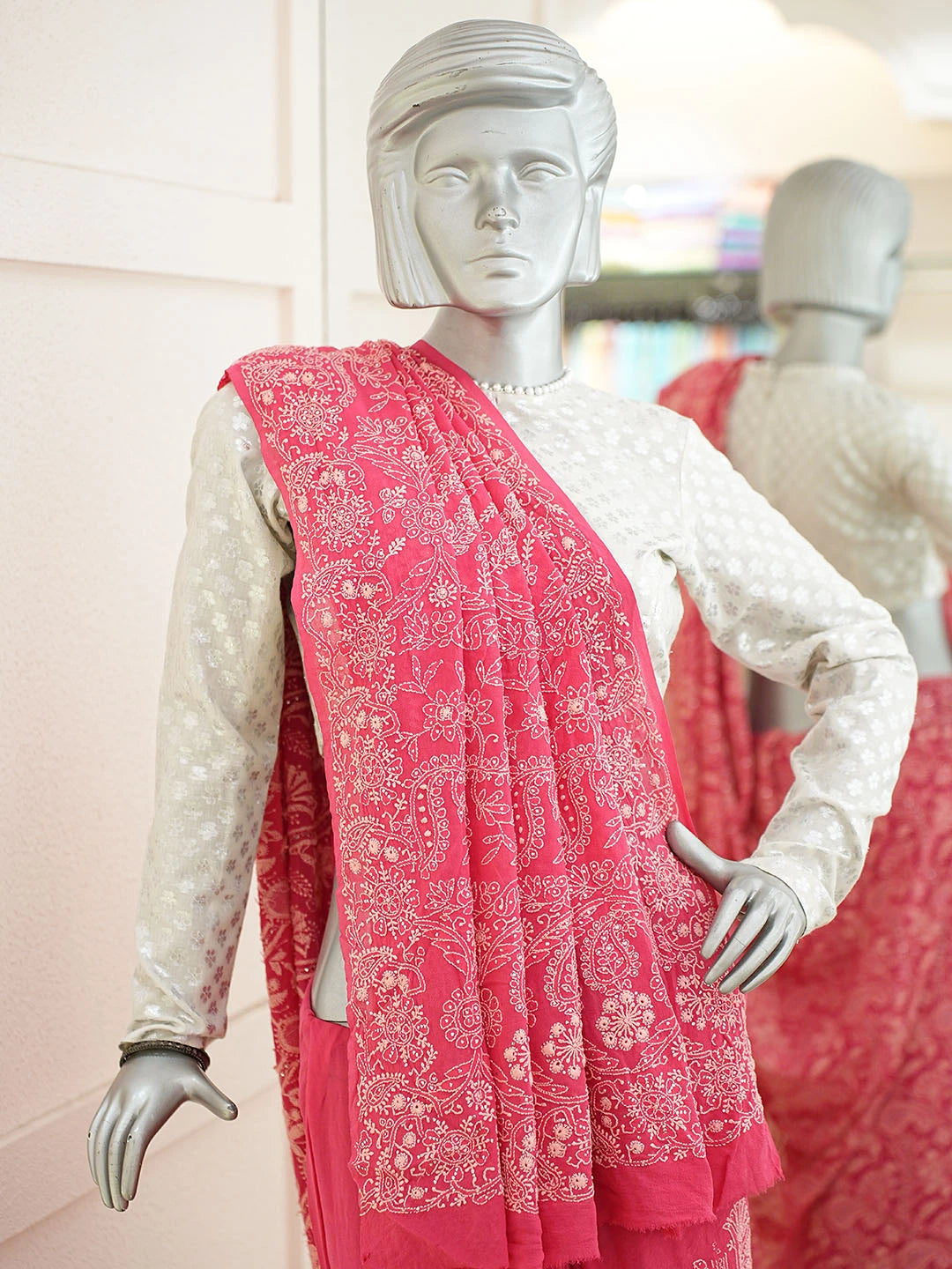 Ada Hand Embroidered Pink Pure Georgette Lucknowi Chikankari Saree and Blouse With Muqaish/Mukaish Work 01A654941