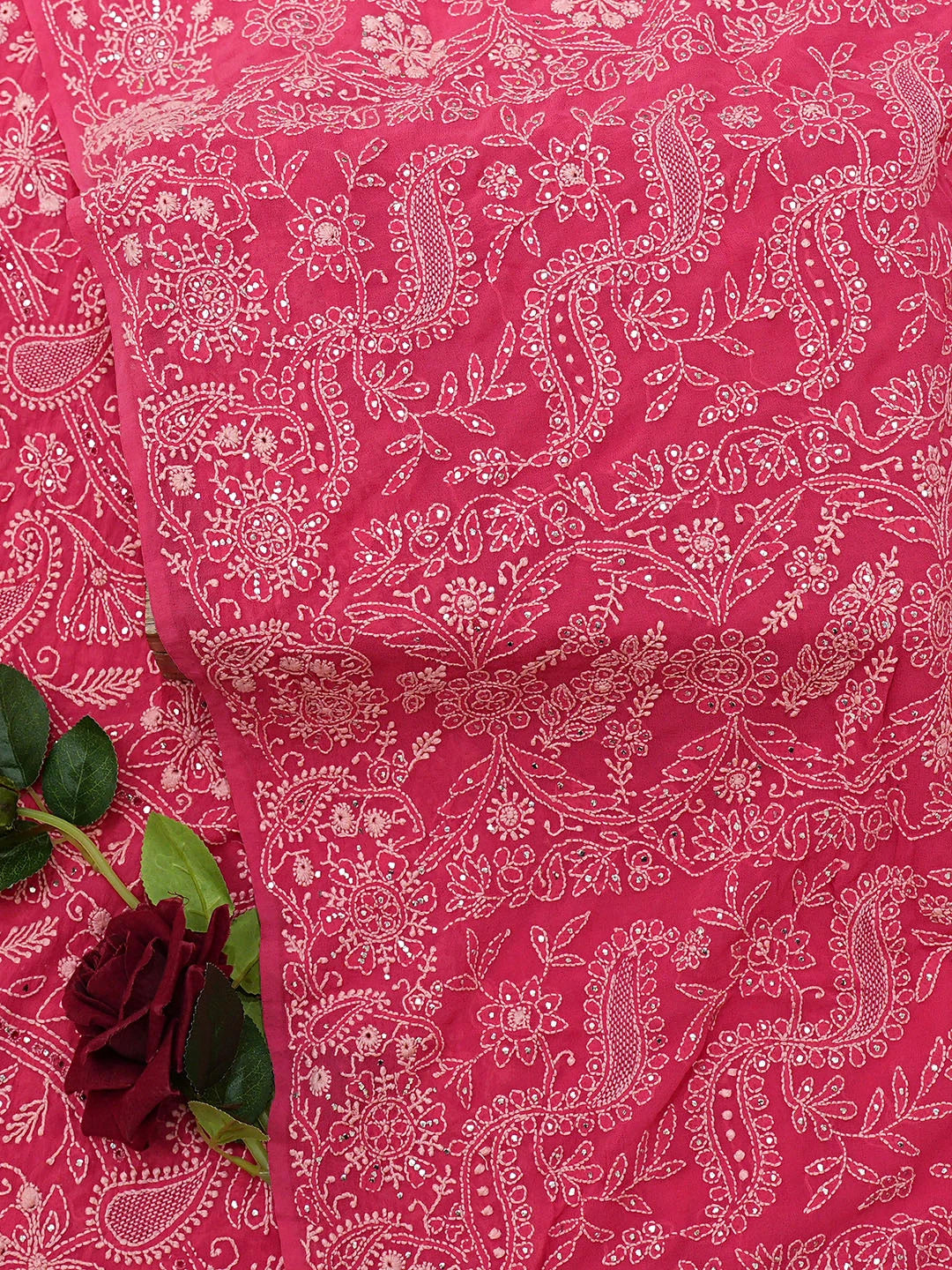 Ada Hand Embroidered Pink Pure Georgette Lucknowi Chikankari Saree and Blouse With Muqaish/Mukaish Work 01A654941