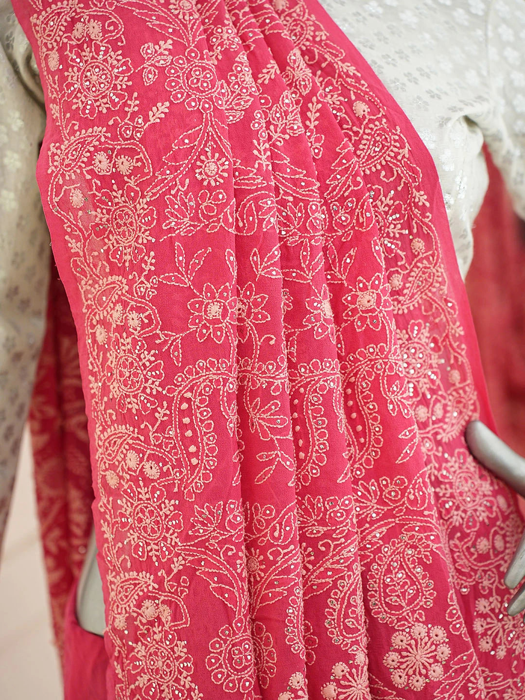 Ada Hand Embroidered Pink Pure Georgette Lucknowi Chikankari Saree and Blouse With Muqaish/Mukaish Work 01A654941