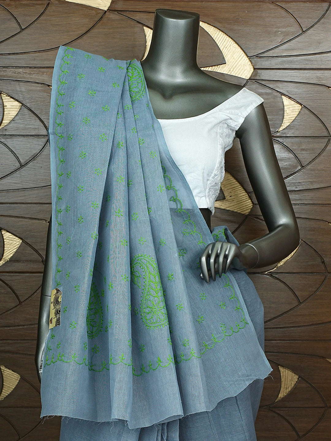 Ada Hand Embroidered Steel Grey Cotton Lucknowi Chikankari Saree and Blouse 01A882900