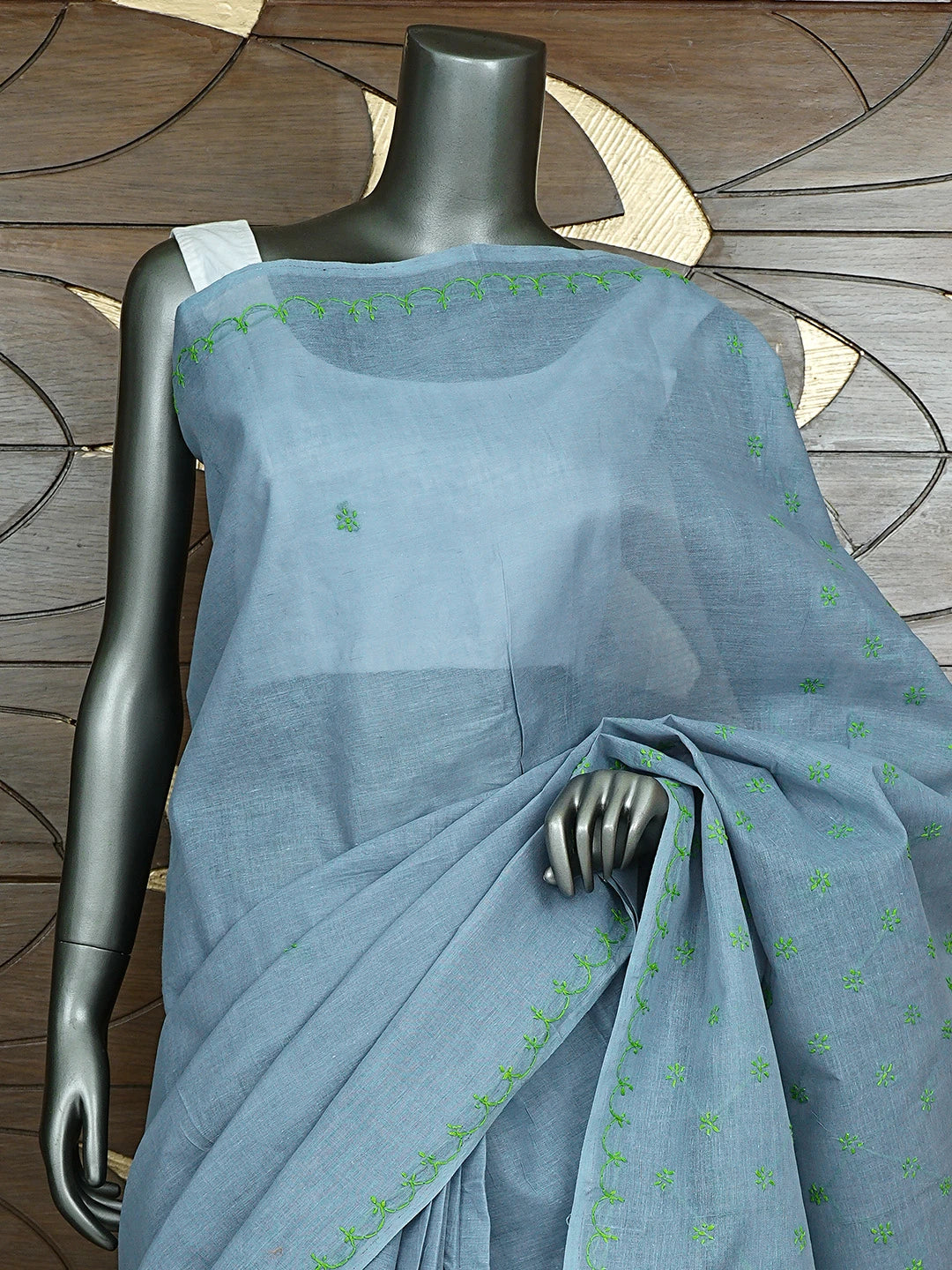 Ada Hand Embroidered Steel Grey Cotton Lucknowi Chikankari Saree and Blouse 01A882900