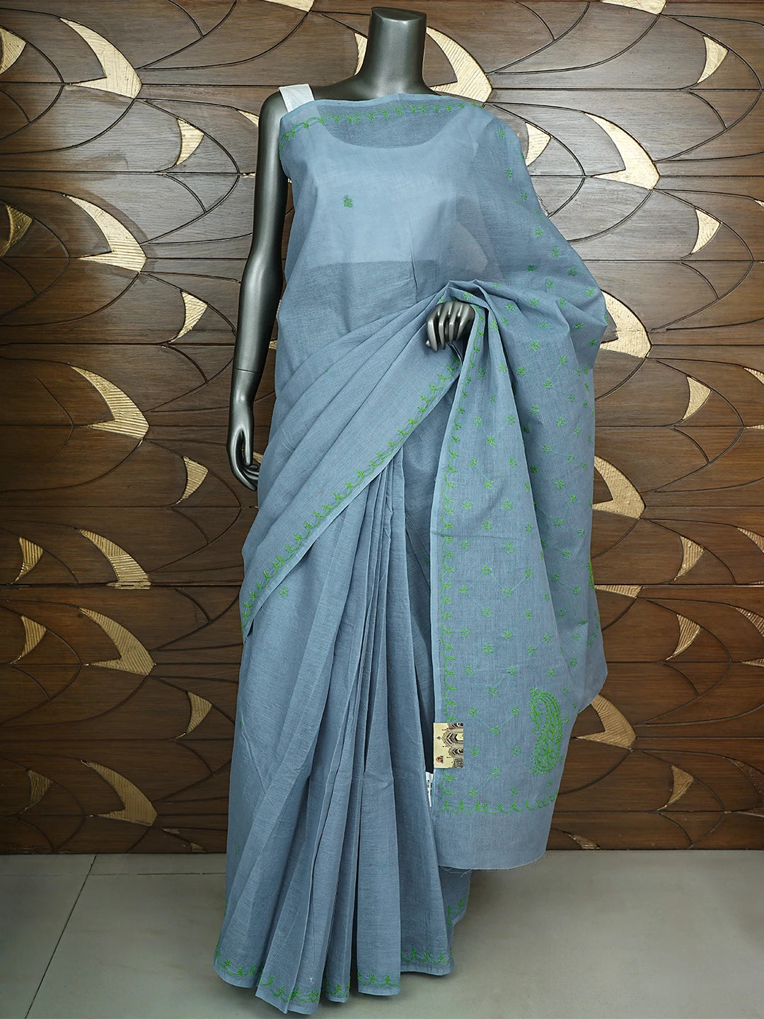 Ada Hand Embroidered Steel Grey Cotton Lucknowi Chikankari Saree and Blouse 01A882900