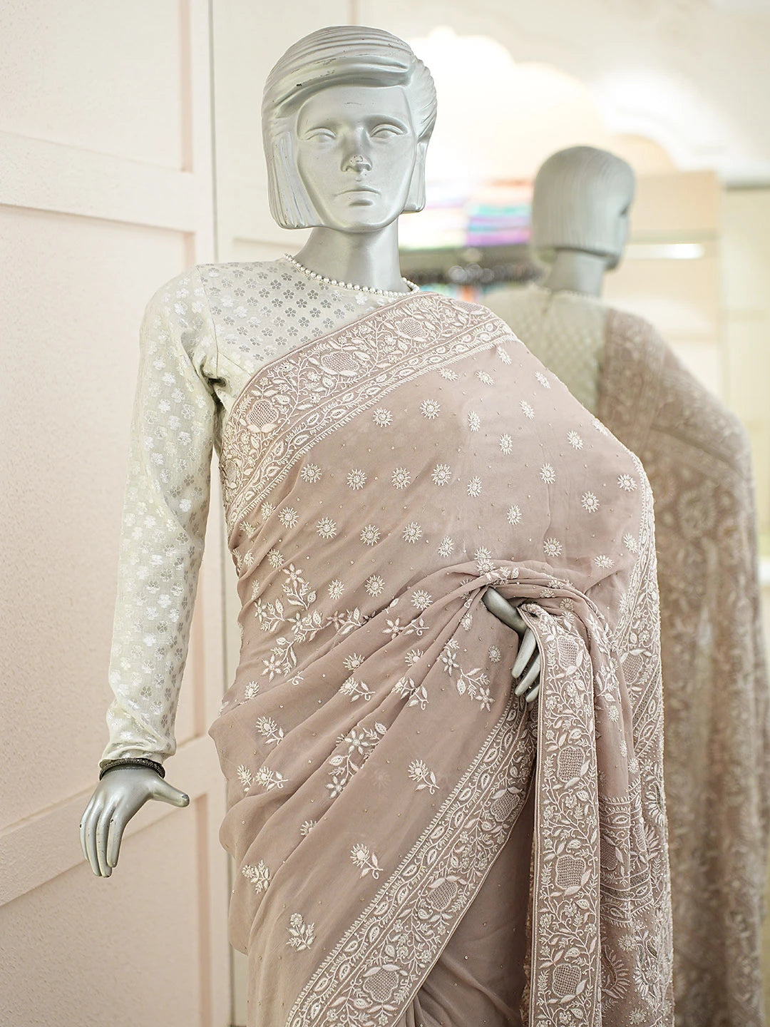Ada Hand Embroidered Beige Pure Georgette Lucknowi Chikankari Saree and Blouse With Pearl Work 01A712904