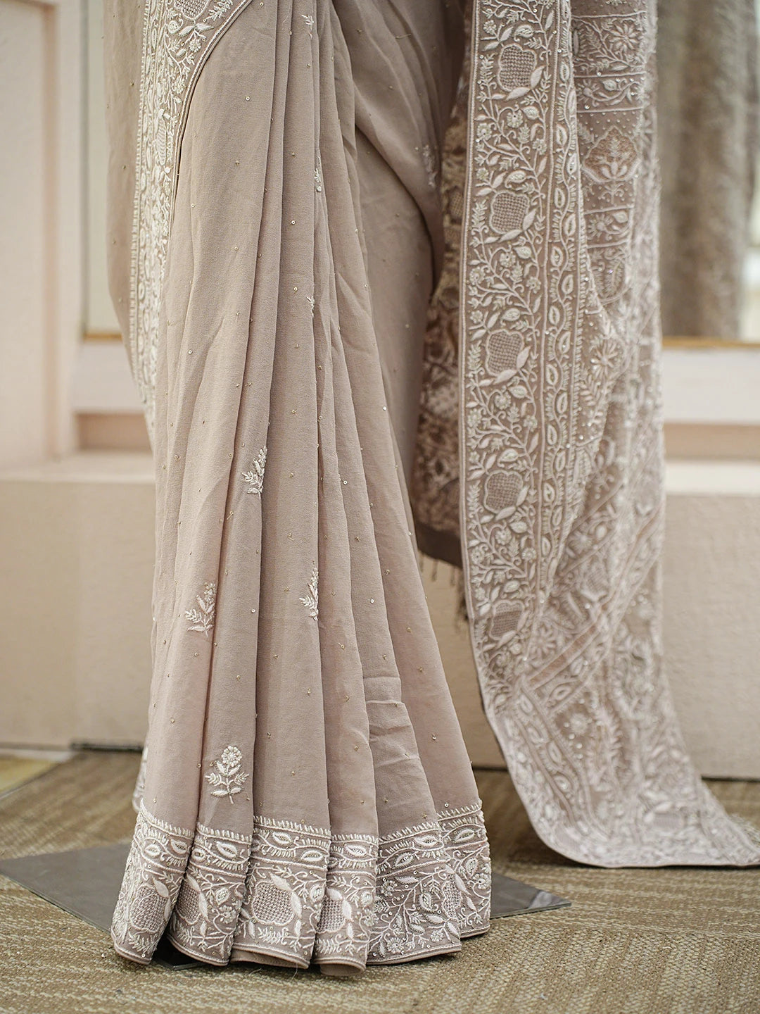 Ada Hand Embroidered Beige Pure Georgette Lucknowi Chikankari Saree and Blouse With Pearl Work 01A712904