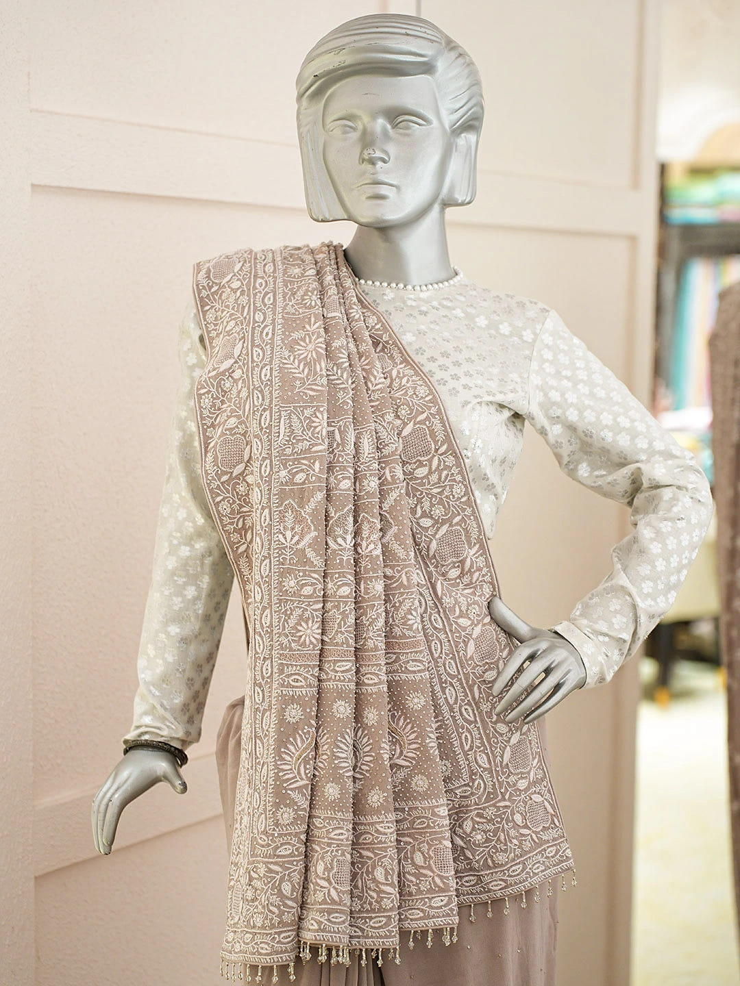 Ada Hand Embroidered Beige Pure Georgette Lucknowi Chikankari Saree and Blouse With Pearl Work 01A712904