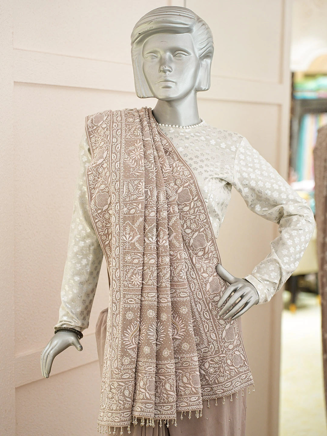 Ada Hand Embroidered Beige Pure Georgette Lucknowi Chikankari Saree and Blouse With Pearl Work 01A712904