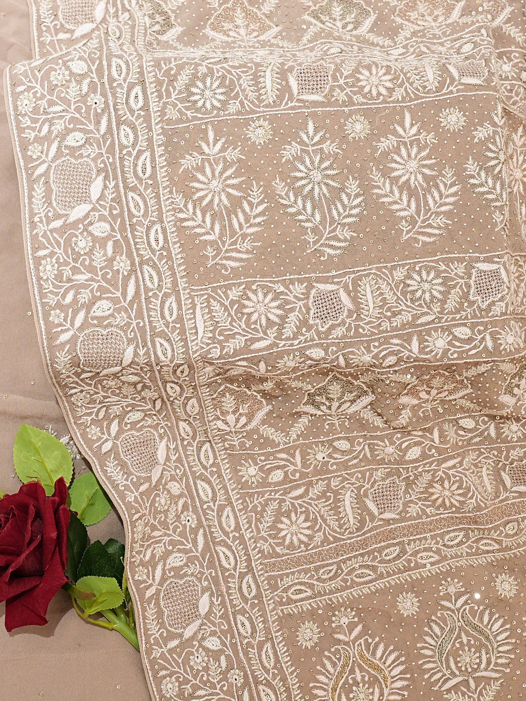 Ada Hand Embroidered Beige Pure Georgette Lucknowi Chikankari Saree and Blouse With Pearl Work 01A712904