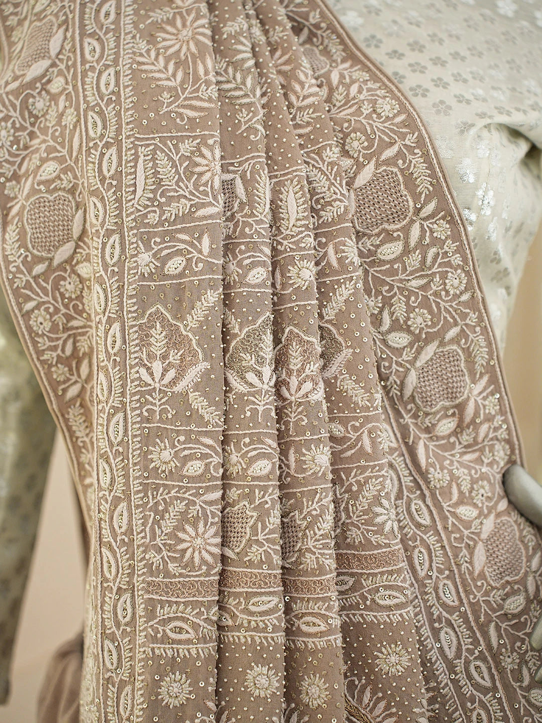 Ada Hand Embroidered Beige Pure Georgette Lucknowi Chikankari Saree and Blouse With Pearl Work 01A712904