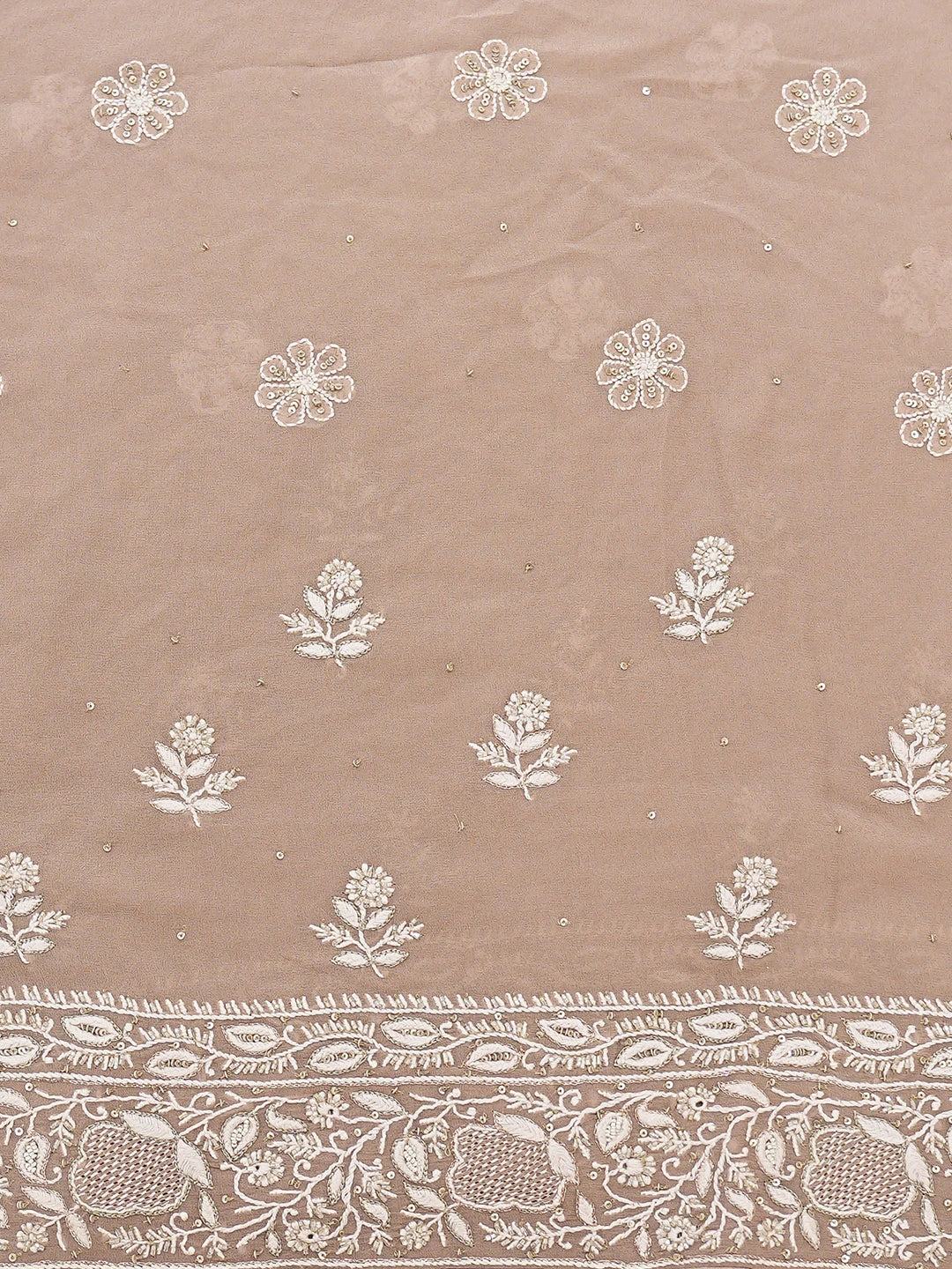 Ada Hand Embroidered Beige Pure Georgette Lucknowi Chikankari Saree and Blouse With Pearl Work 01A712904