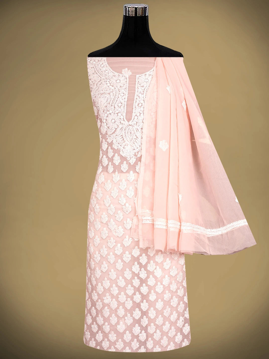Ada Hand Embroidered Peach Georgette Lucknowi Chikankari Unstitched Suit Piece 01A917937