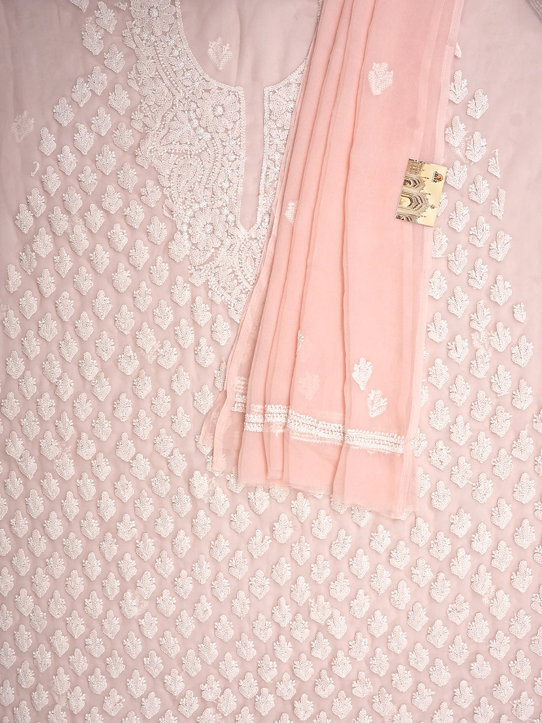 Ada Hand Embroidered Peach Georgette Lucknowi Chikankari Unstitched Suit Piece 01A917937