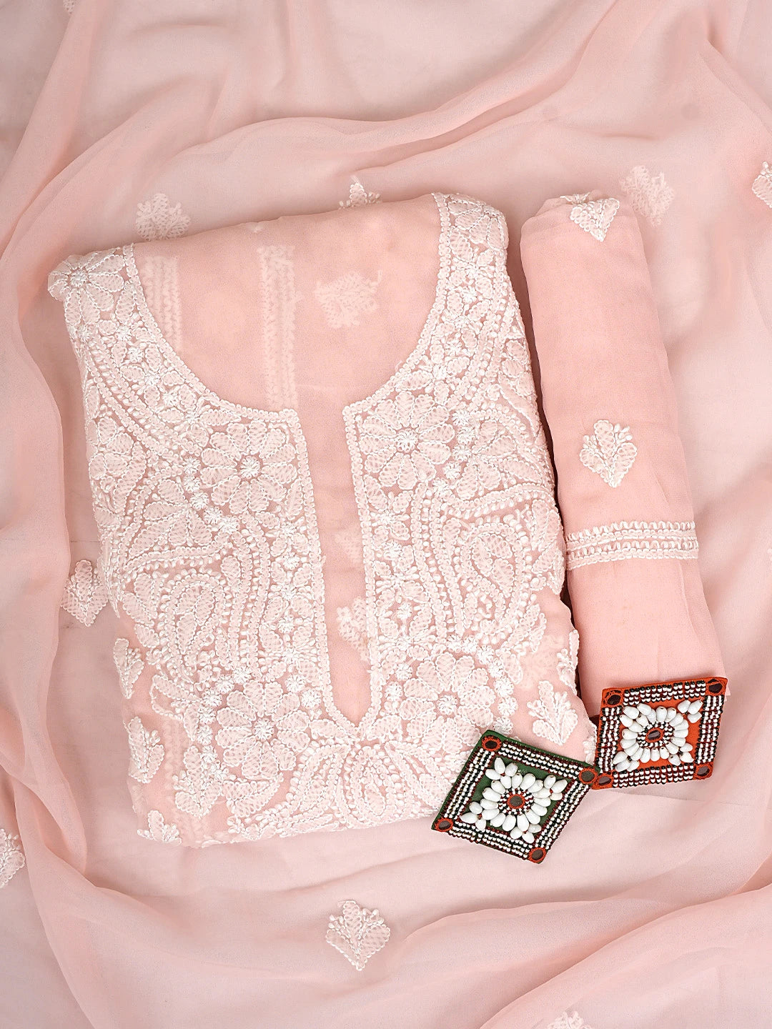 Ada Hand Embroidered Peach Georgette Lucknowi Chikankari Unstitched Suit Piece 01A917937