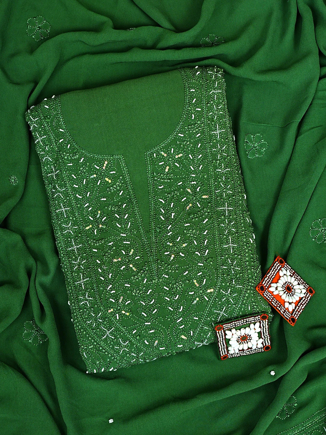 Ada Hand Embroidered Hunter Green Viscose Georgette Lucknowi Chikankari Unstitched Kurta Dupatta Set With Cutdana Work 01A893655