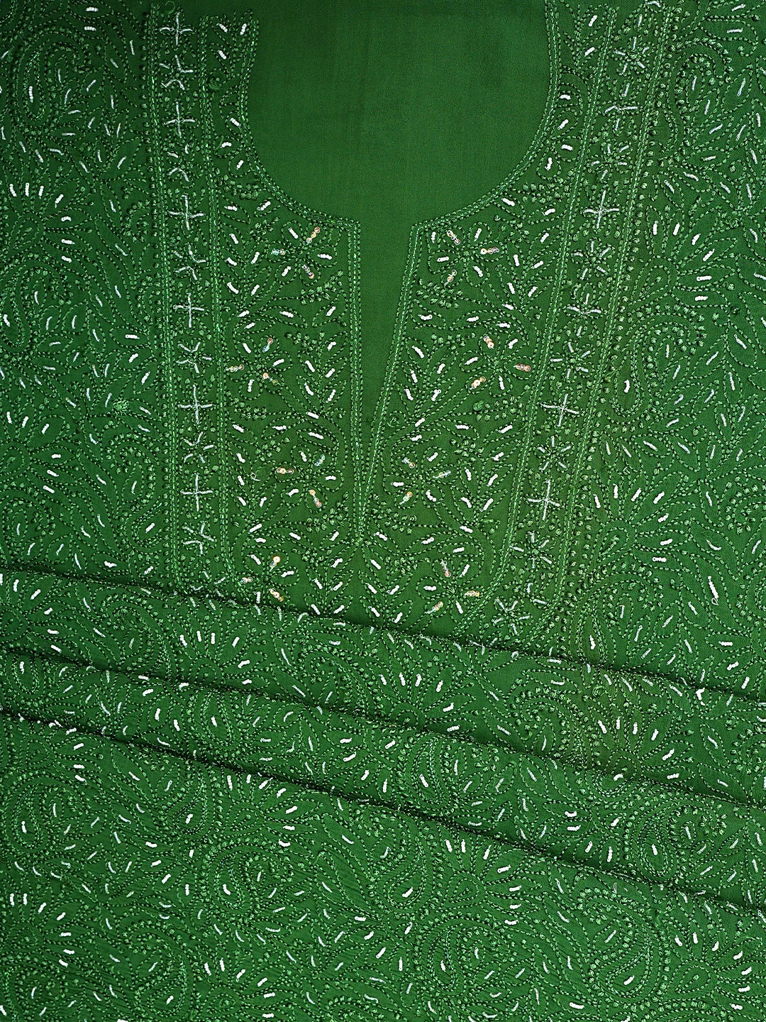 Ada Hand Embroidered Hunter Green Viscose Georgette Lucknowi Chikankari Unstitched Kurta Dupatta Set With Cutdana Work 01A893655